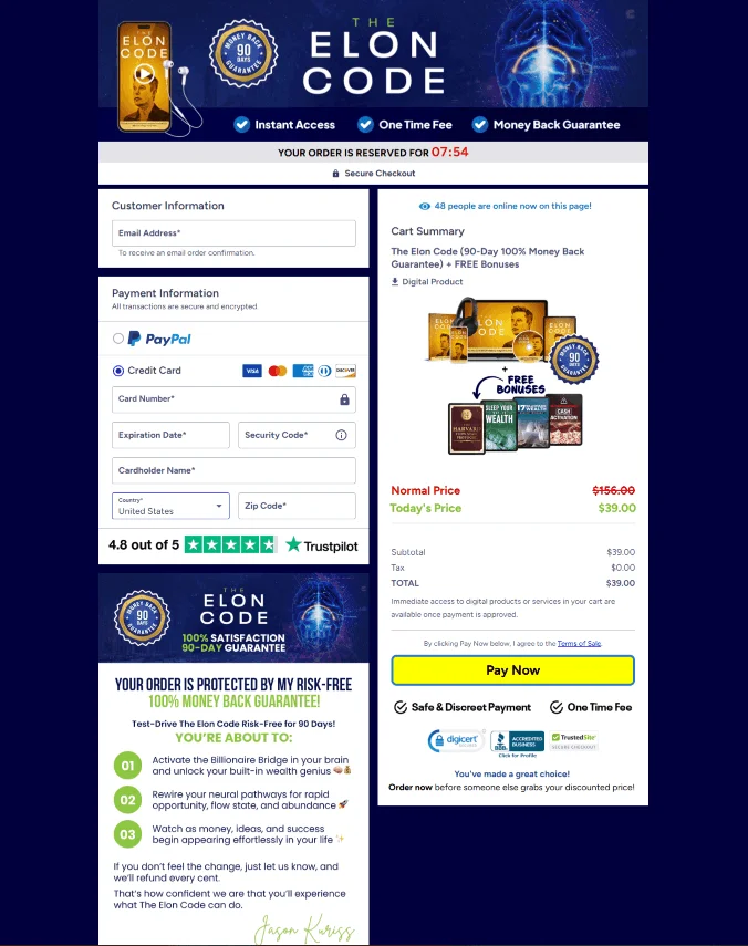 the elon code checkout page pricing